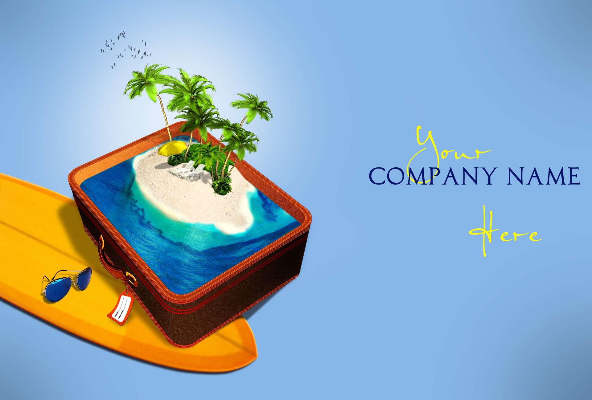 Open suitcase with a tropical island inside and surboard